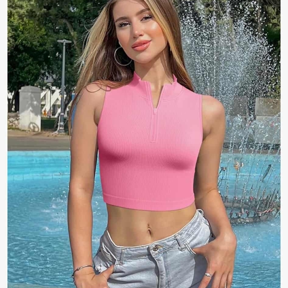 Zippered Pink Ribbed Tank Top